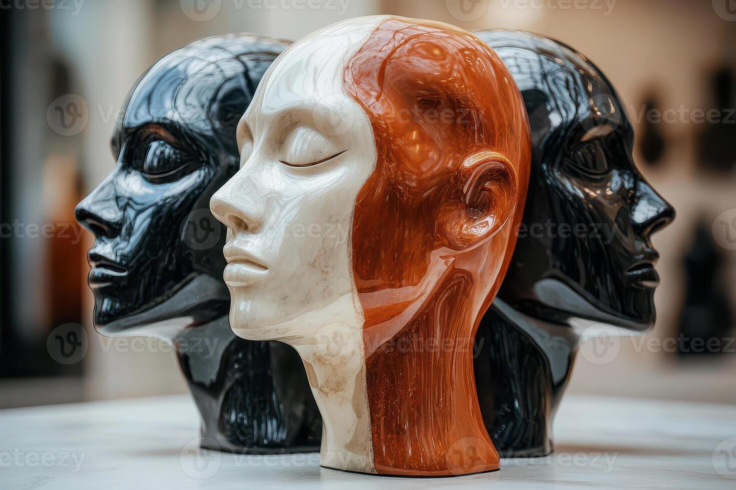 Three ceramic head sculptures on a table photo
