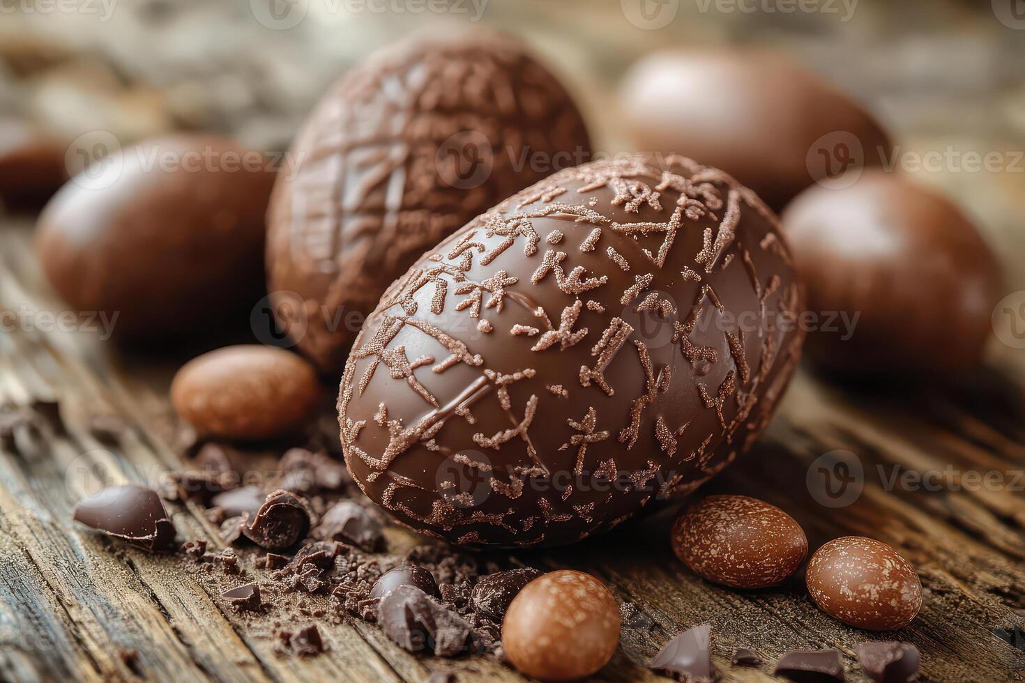 Chocolate eggs on a wooden table photo