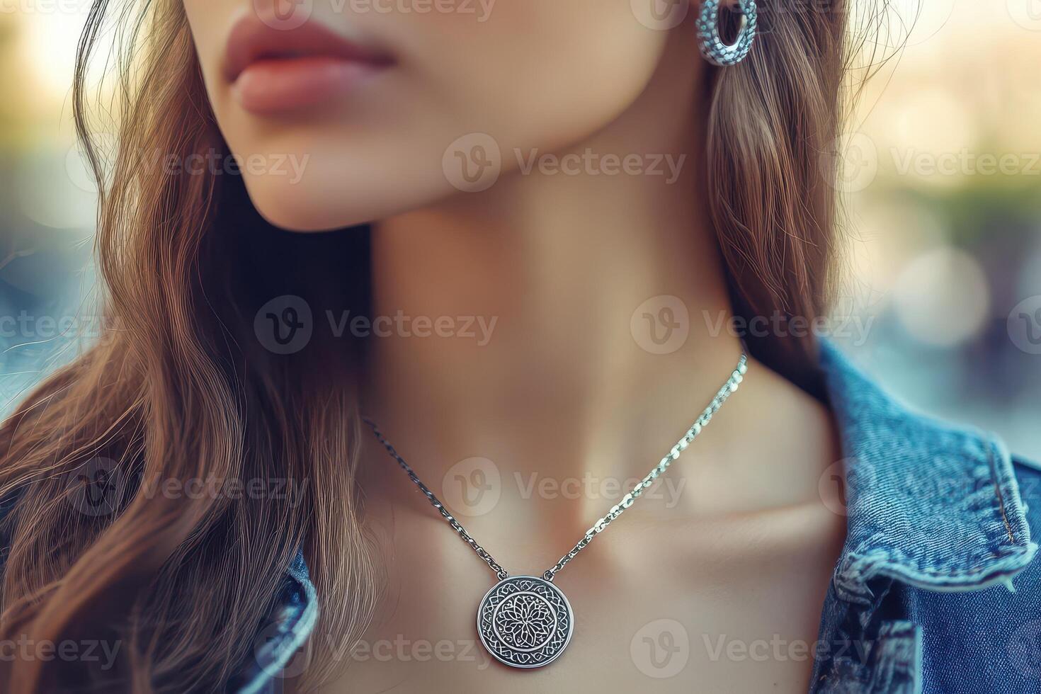 A woman wearing a necklace with a medallion on it photo