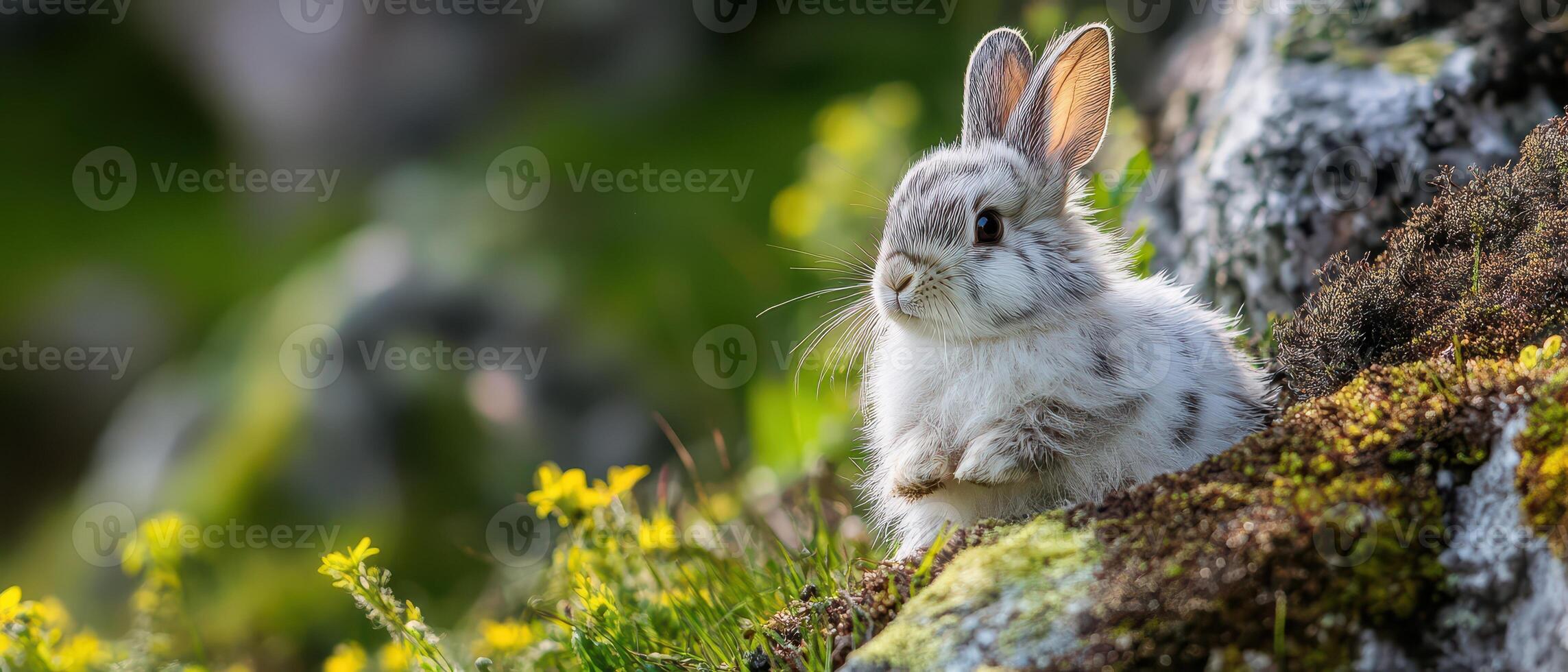 A white rabbit sitting on a rock in the grass photo