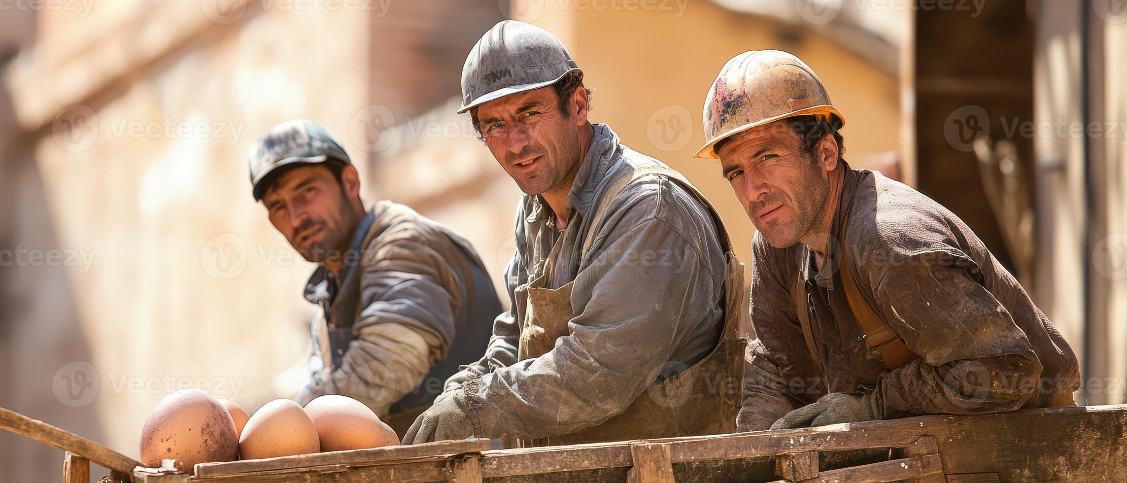 Three men in hard hats sitting on a wooden bench photo