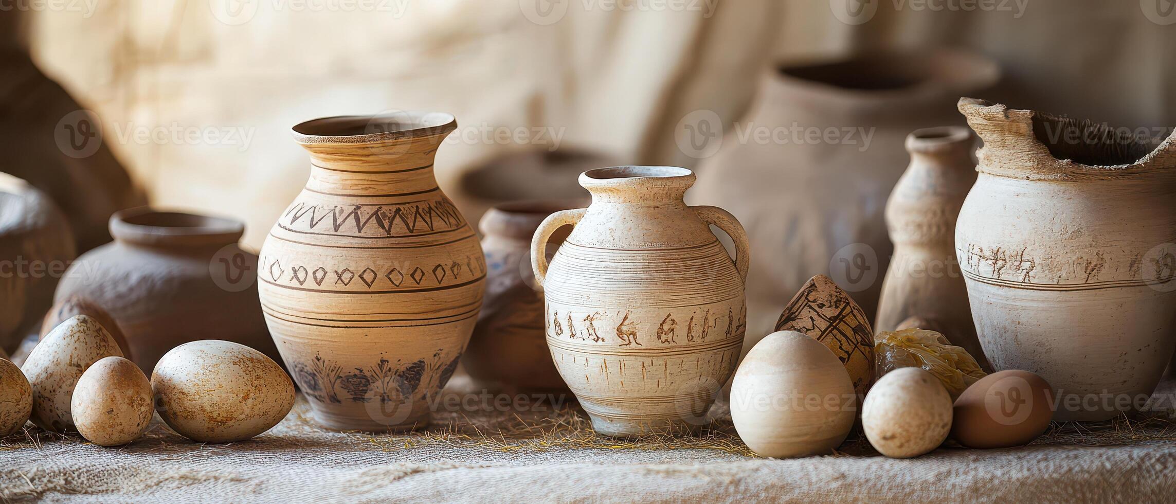 A group of vases and eggs sitting on a table photo