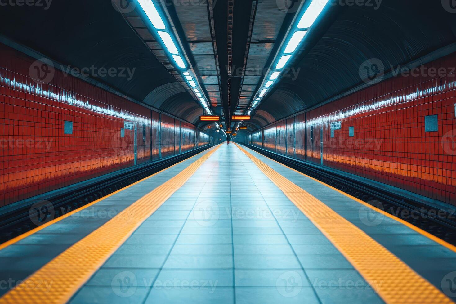 A subway train is seen in a dark tunnel photo