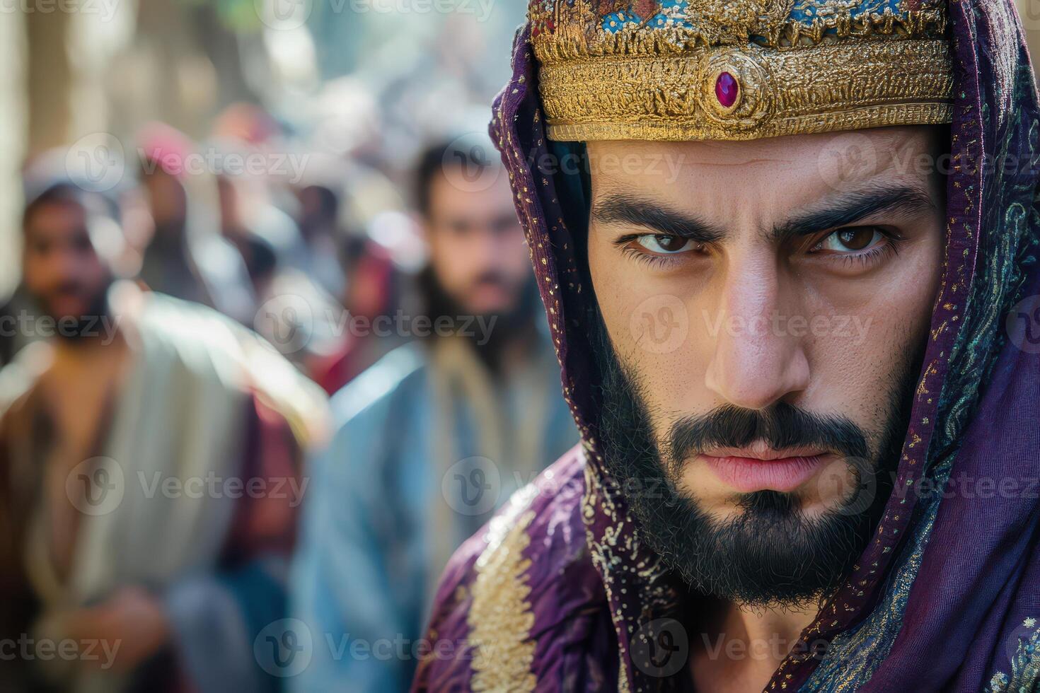 The man in the purple robe is looking at the camera photo