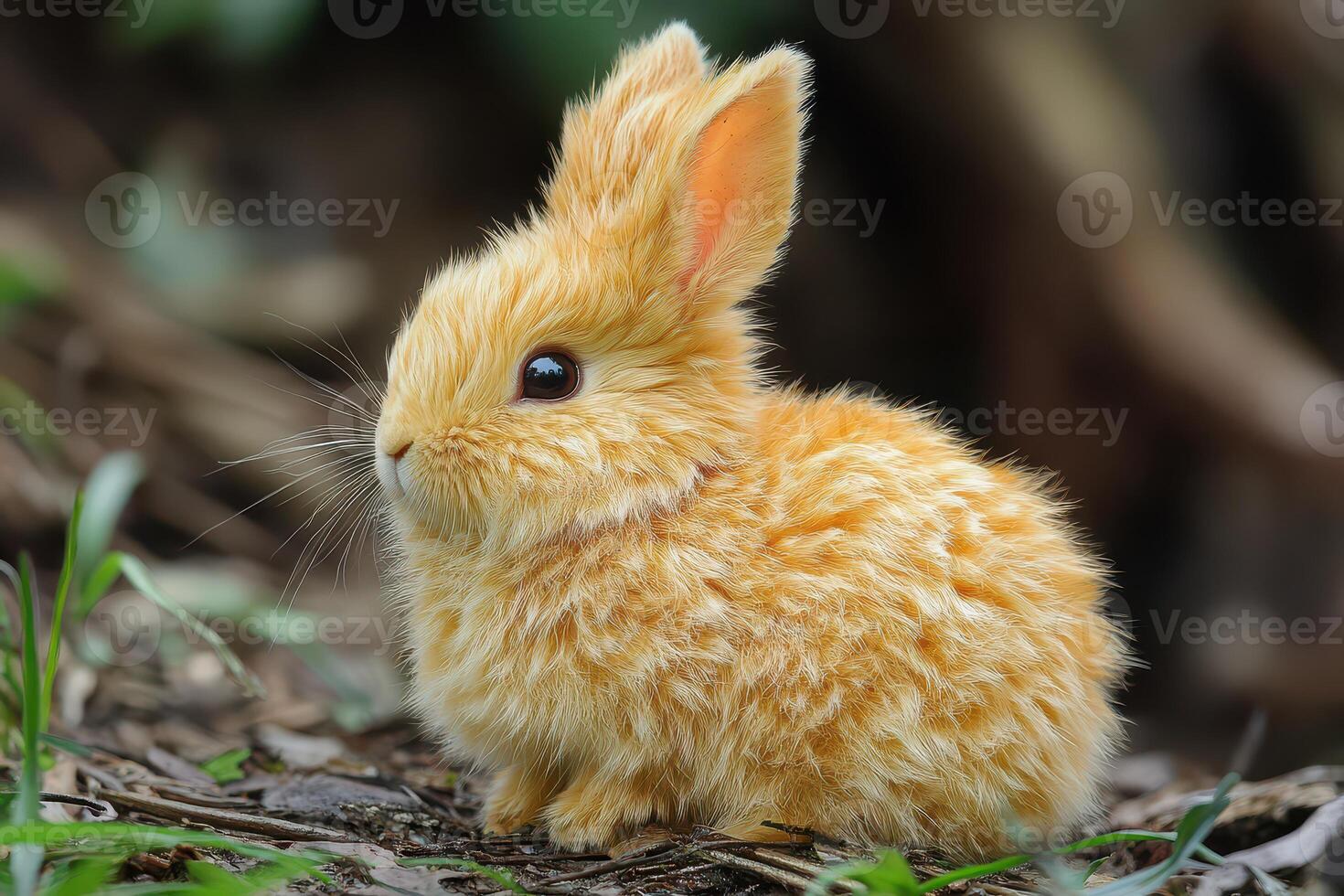 A small orange rabbit sitting on the ground photo