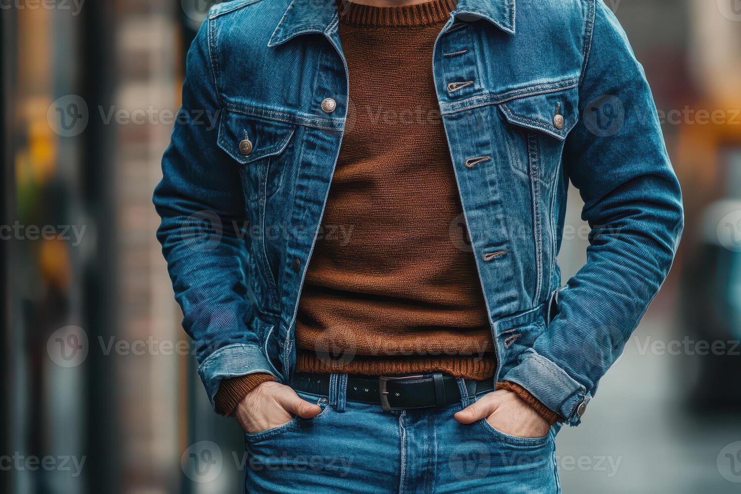 A man in a blue denim jacket and brown sweater photo