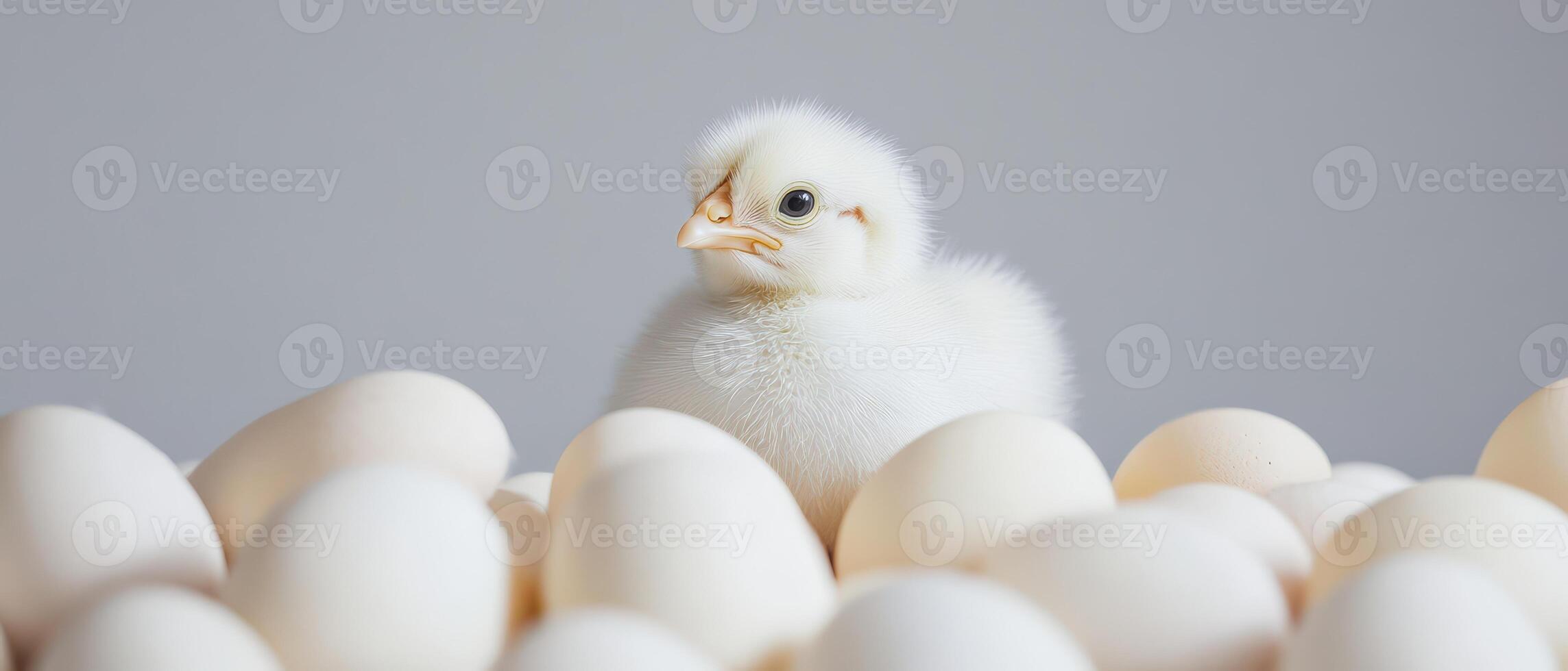 A small white chicken is standing in a group of white eggs photo