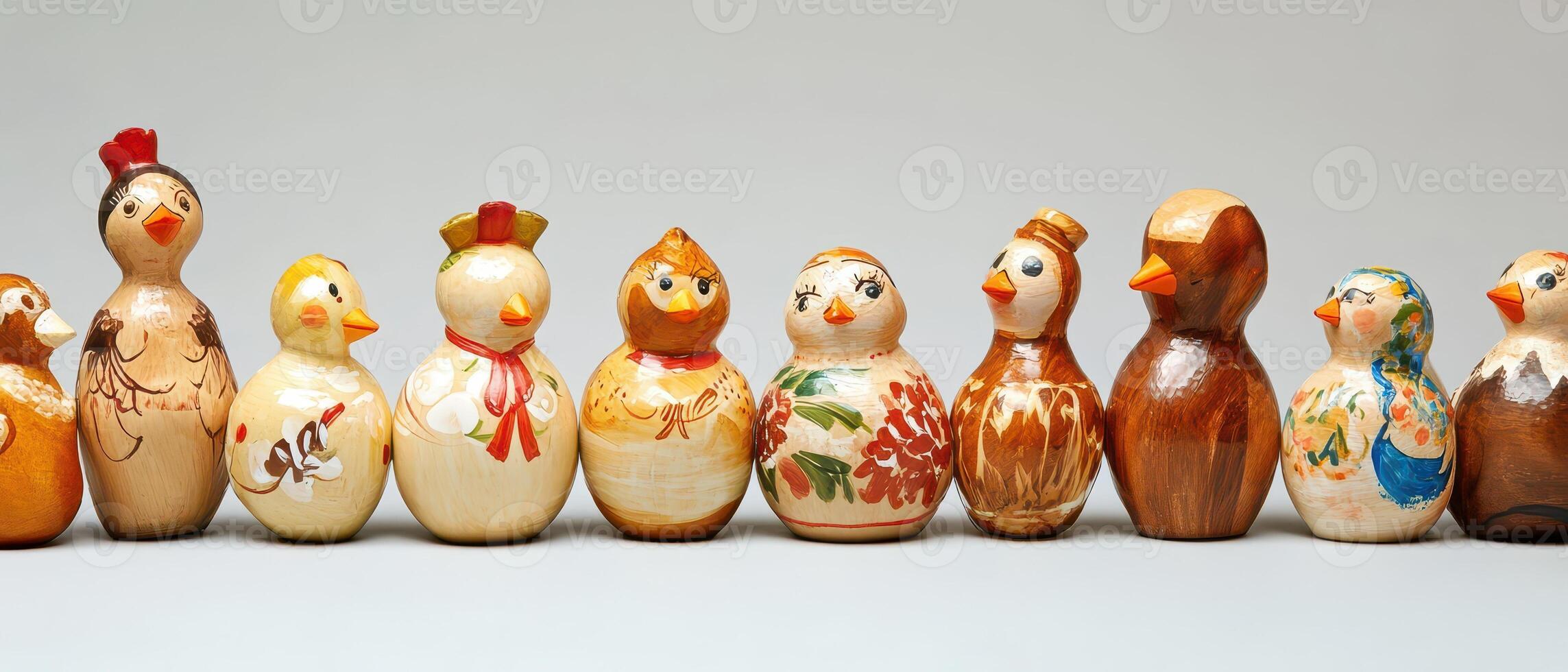 A row of wooden dolls with different designs photo
