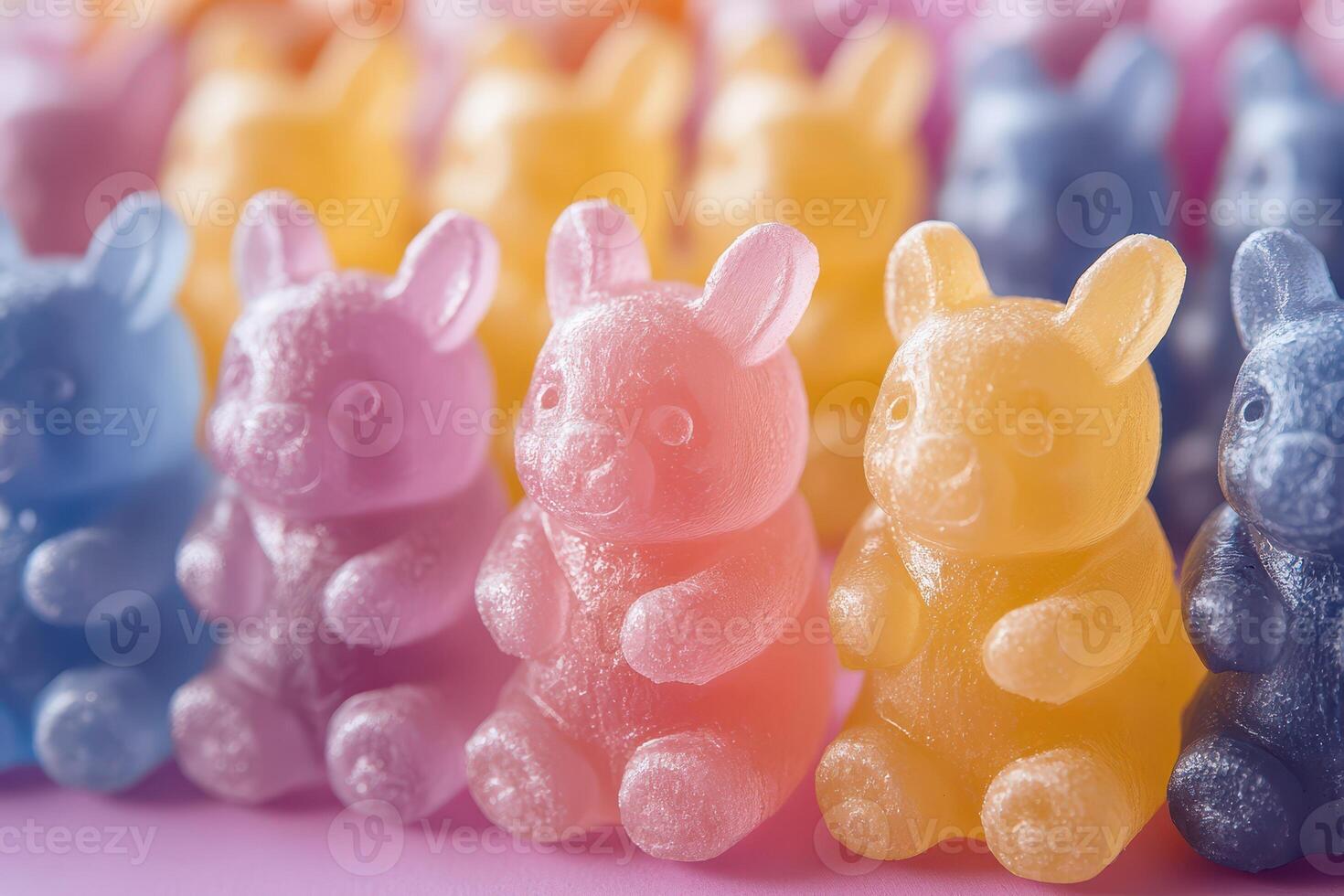 Many colorful gummy bears are lined up in a row photo