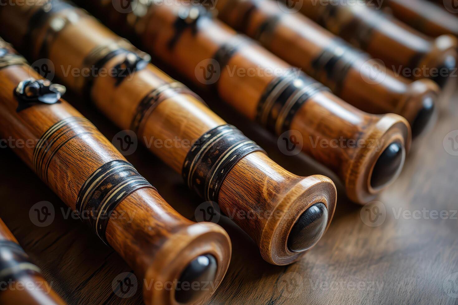 Close up of a group of wooden flutes photo