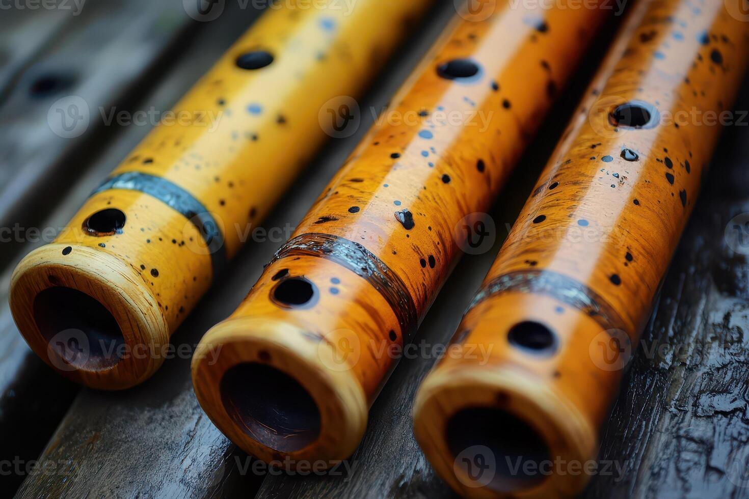 Three wooden flutes sitting on a wooden table photo