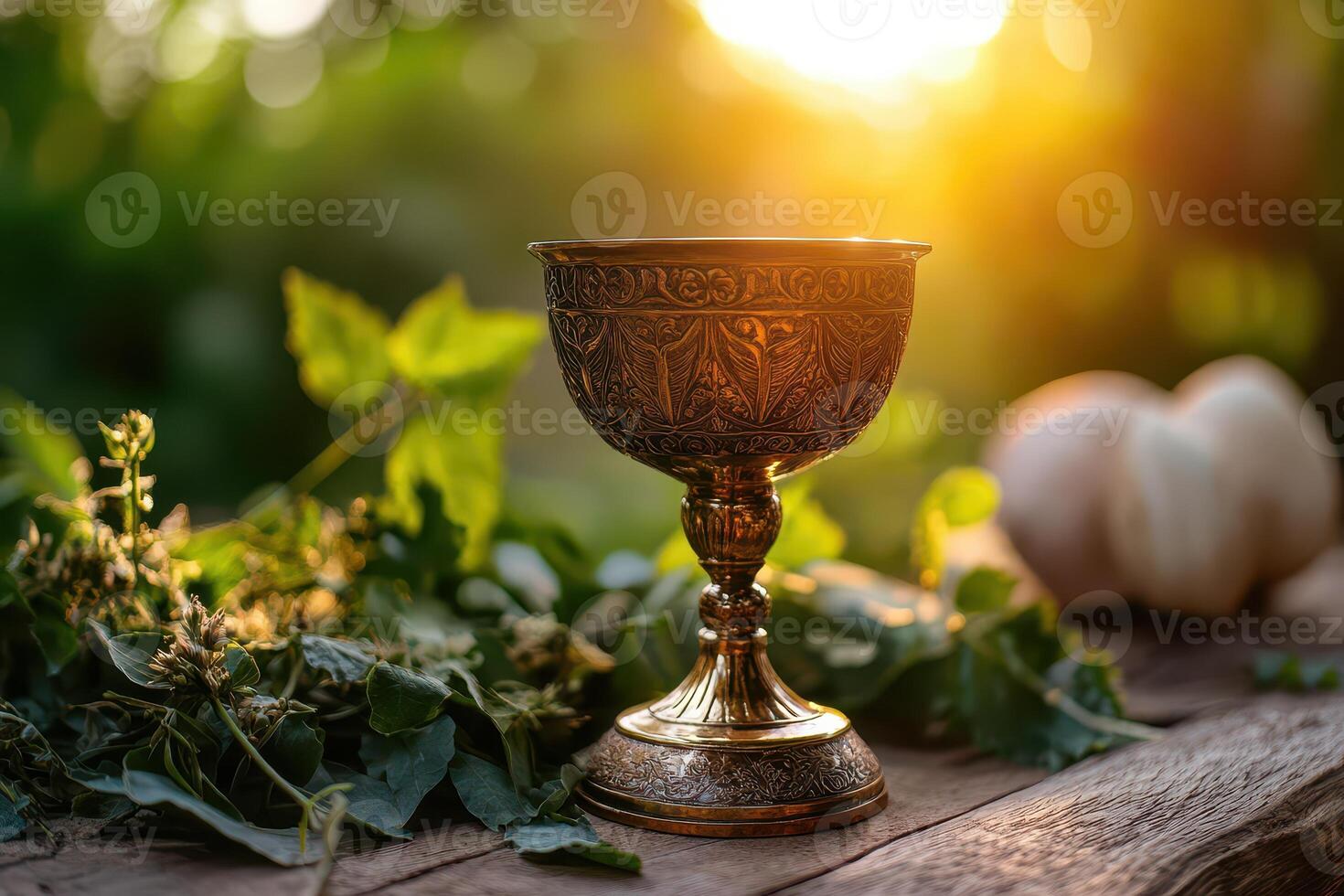 A golden goblet sits on a wooden table with leaves photo