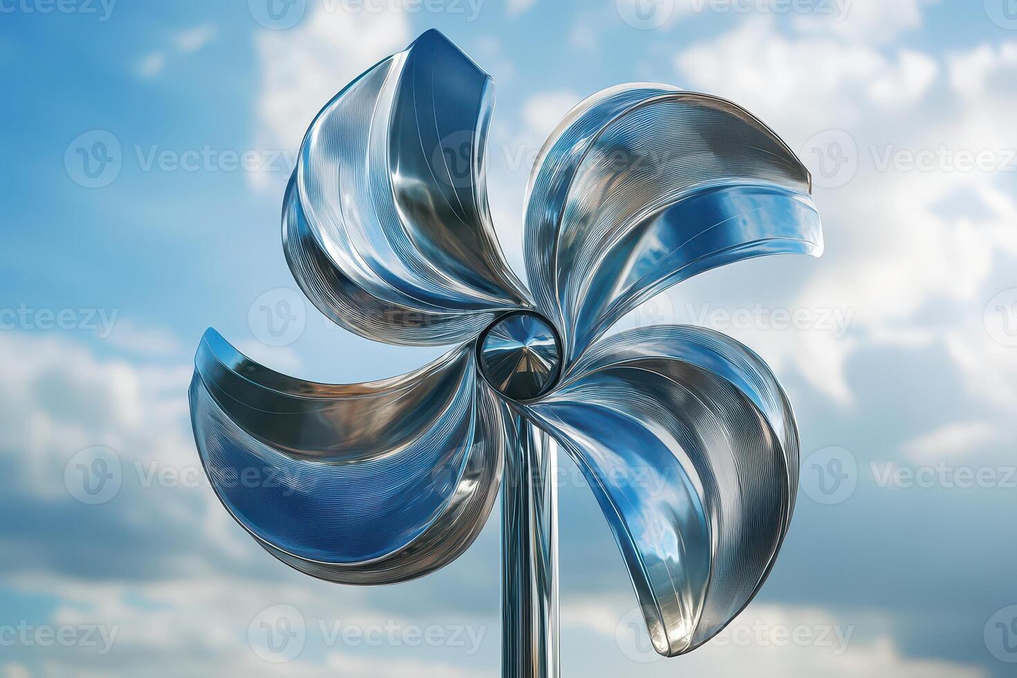 A metal windmill with blue and white blades photo