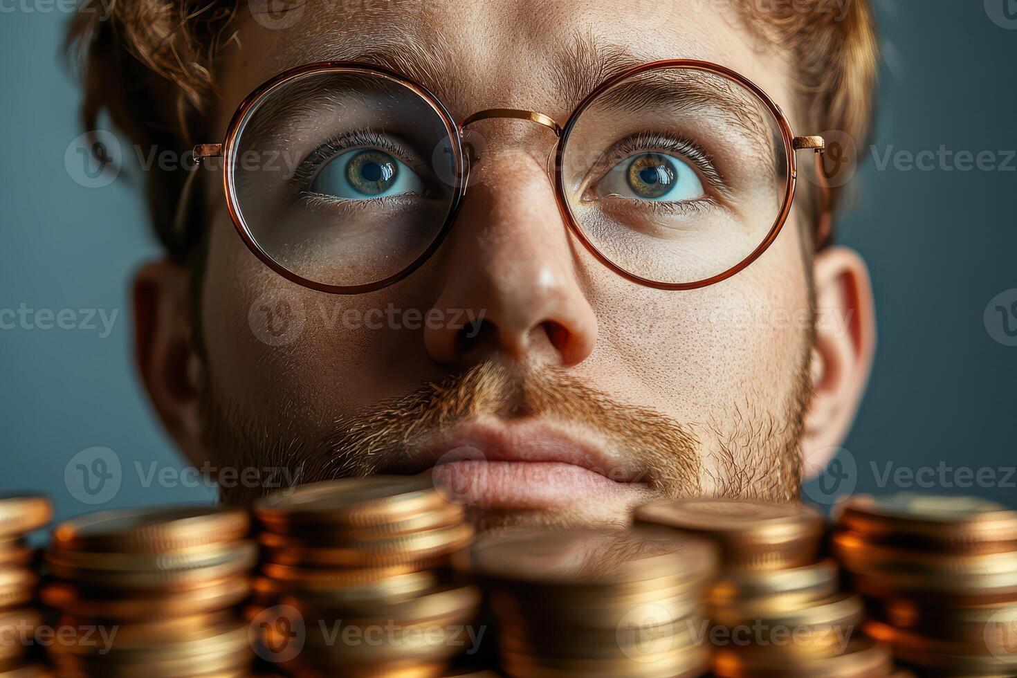 A man with glasses and a beard is looking up at a pile of coins photo