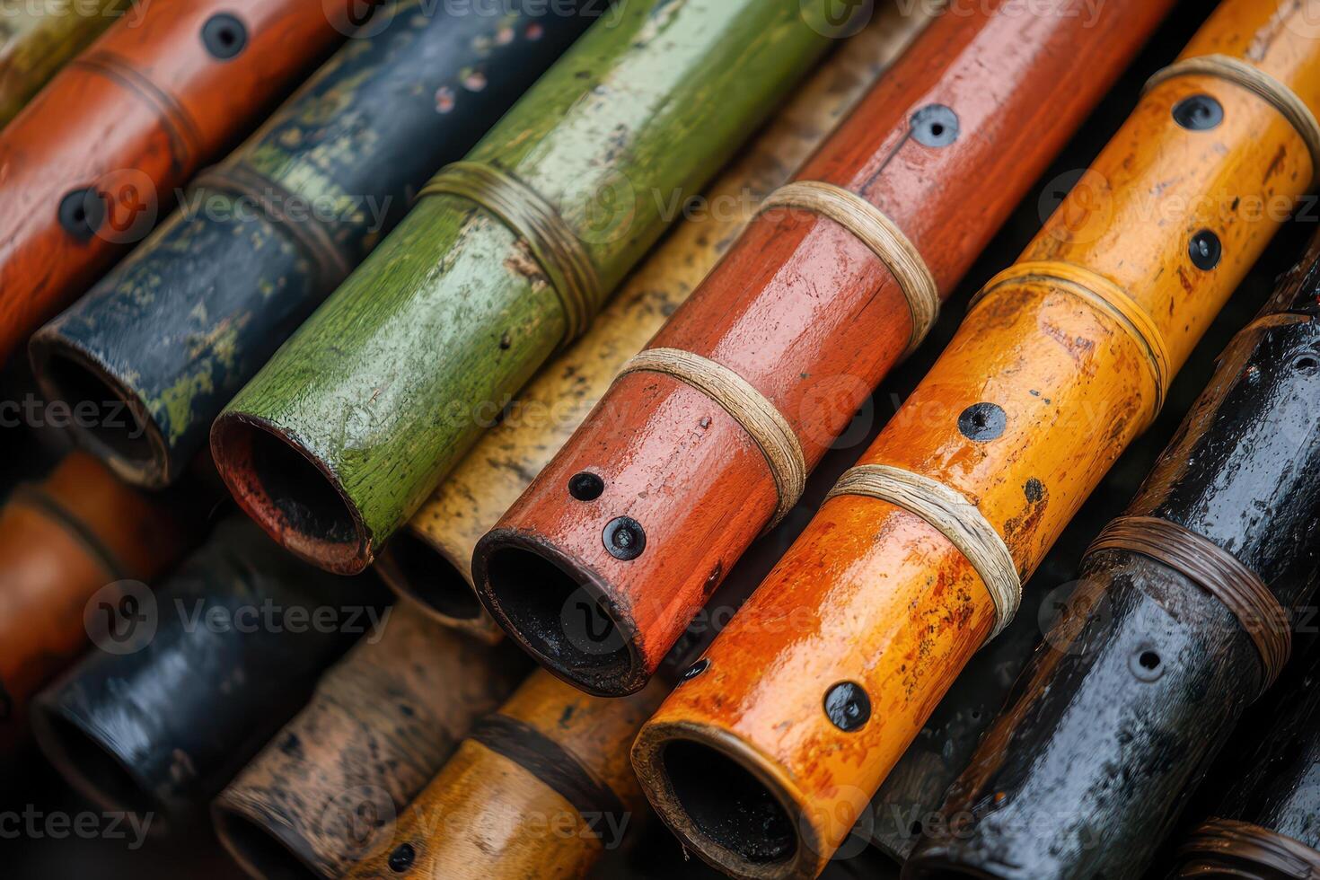 Many different colored bamboo pipes are stacked together photo