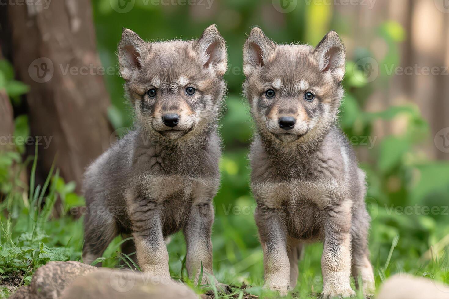 Two gray wolf puppies standing in the grass photo