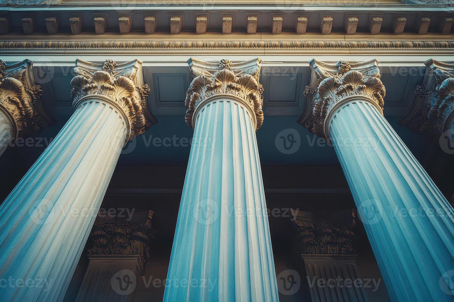 Three columns with white pillars in front of a building photo