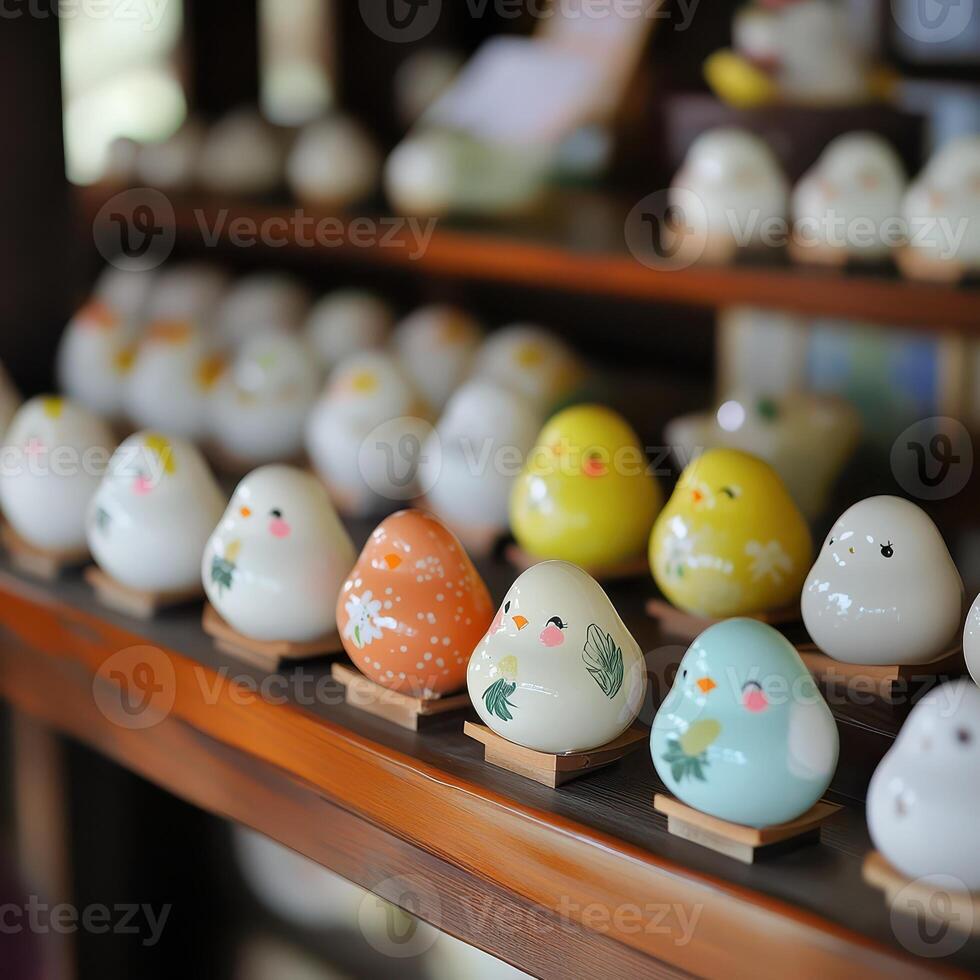 A shelf with many small figurines of birds photo