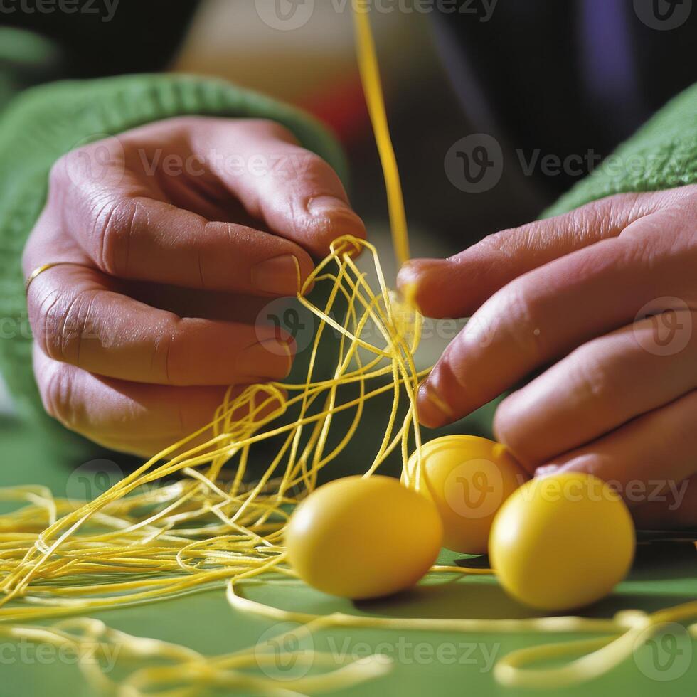 A person is tying yellow string around a bunch of yellow eggs photo