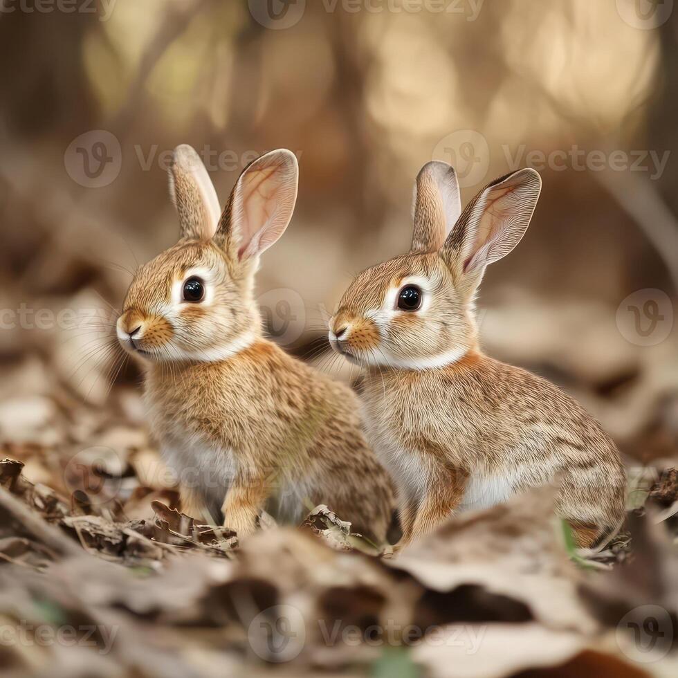 Two rabbits sitting in the woods photo