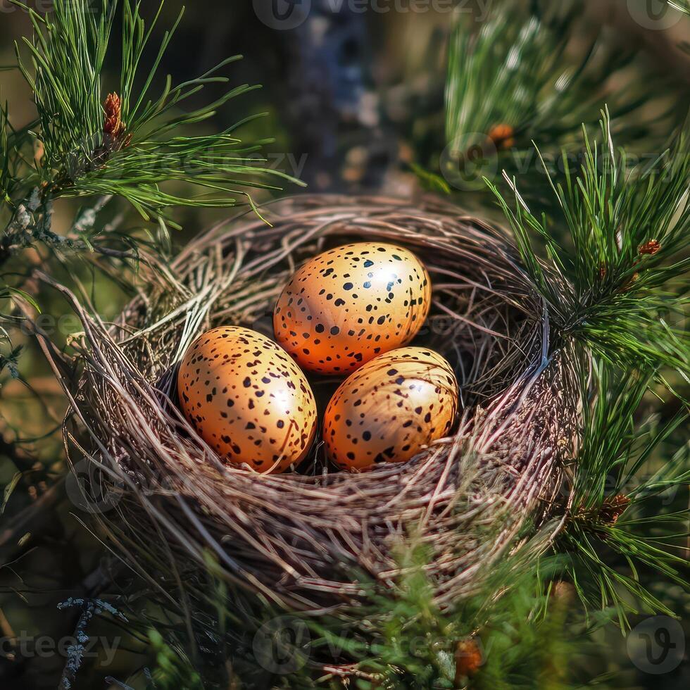 Three eggs in a nest on a branch of a pine tree photo