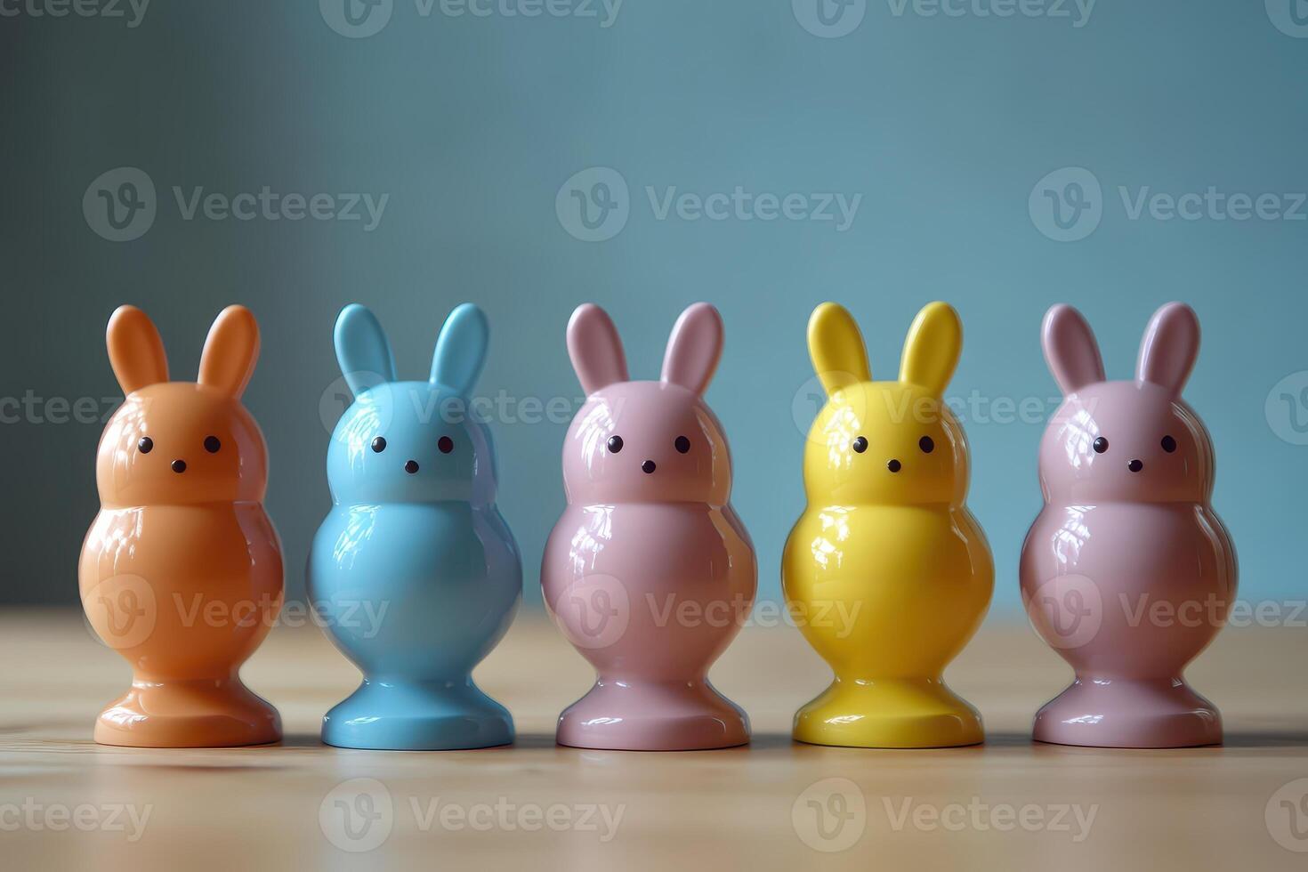 Five colorful plastic easter eggs with bunny faces photo