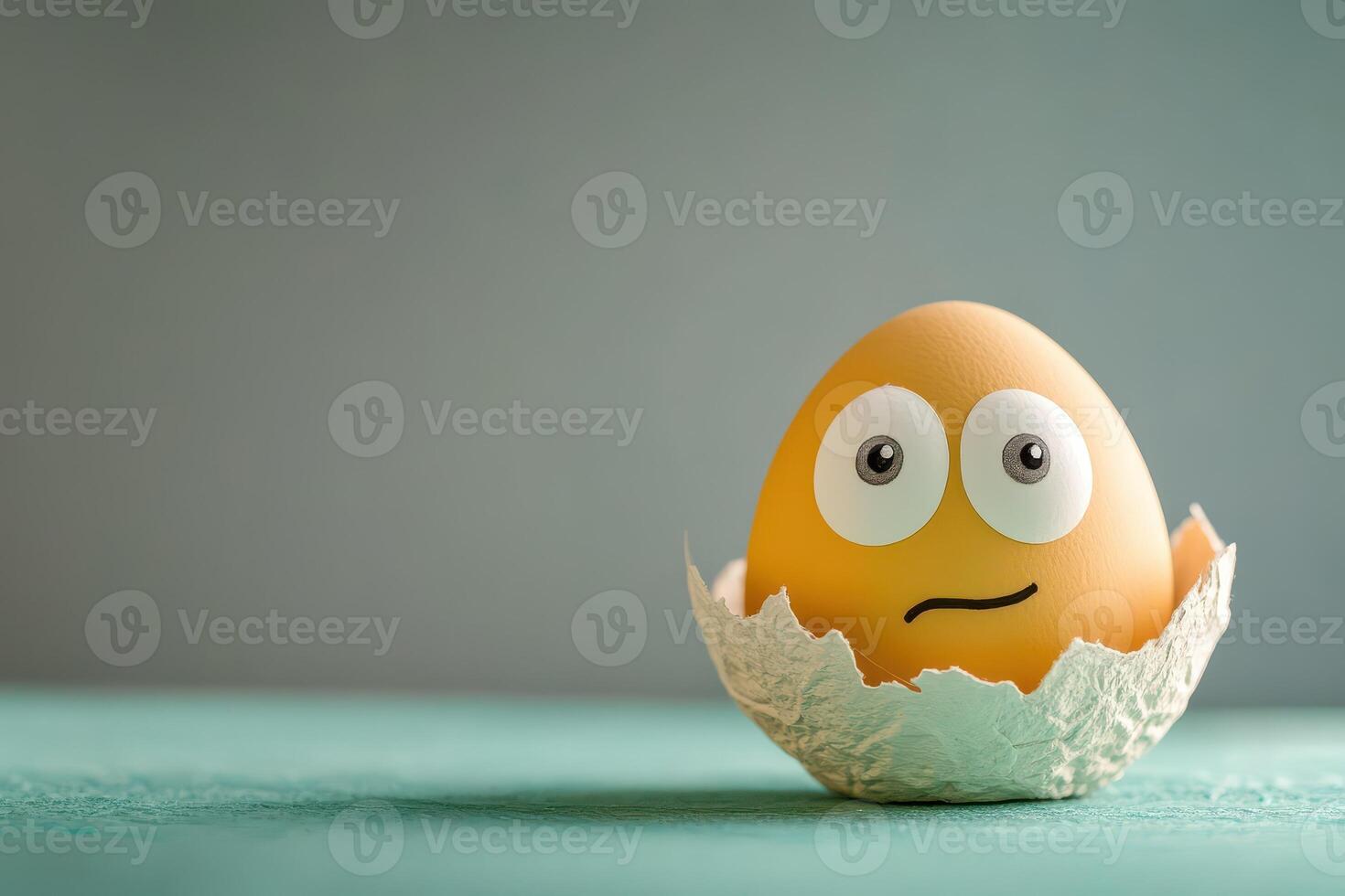 An egg with a sad face sitting in a shell photo