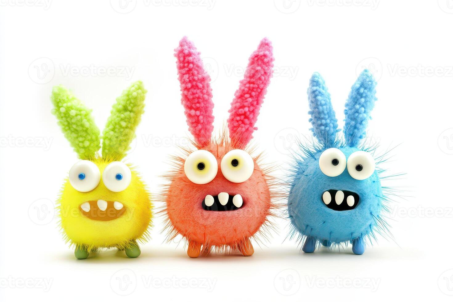Three colorful bunny toys with eyes and horns photo