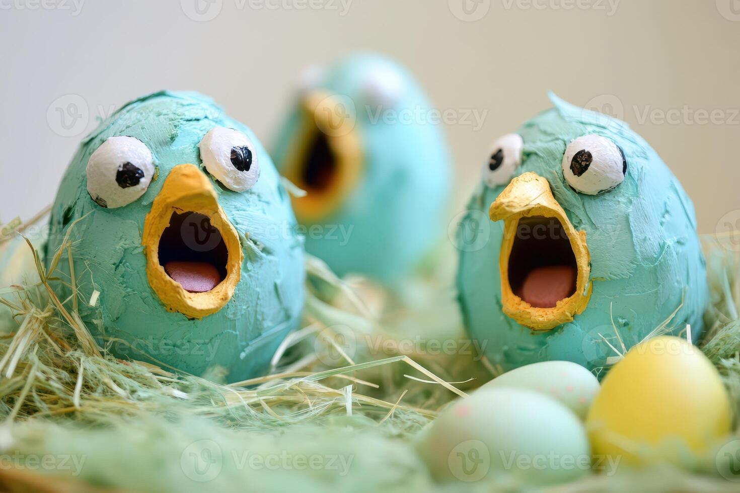 Three blue eggs with faces painted on them photo