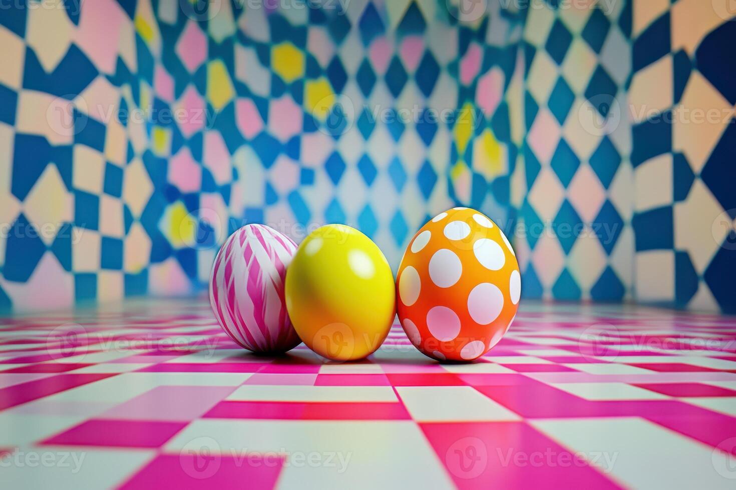 Three colorful eggs sit on a checkered floor photo