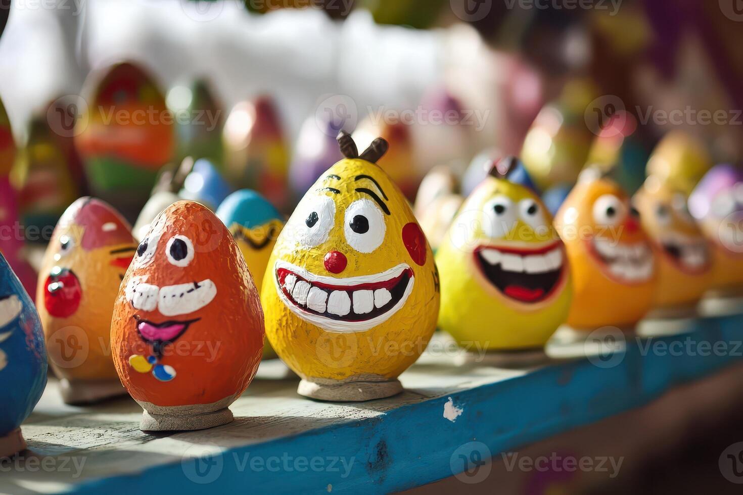 Many colorful wooden eggs with faces painted on them photo
