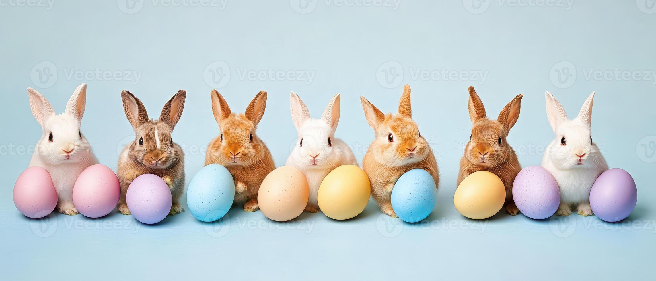 A group of rabbits are lined up with colorful eggs photo