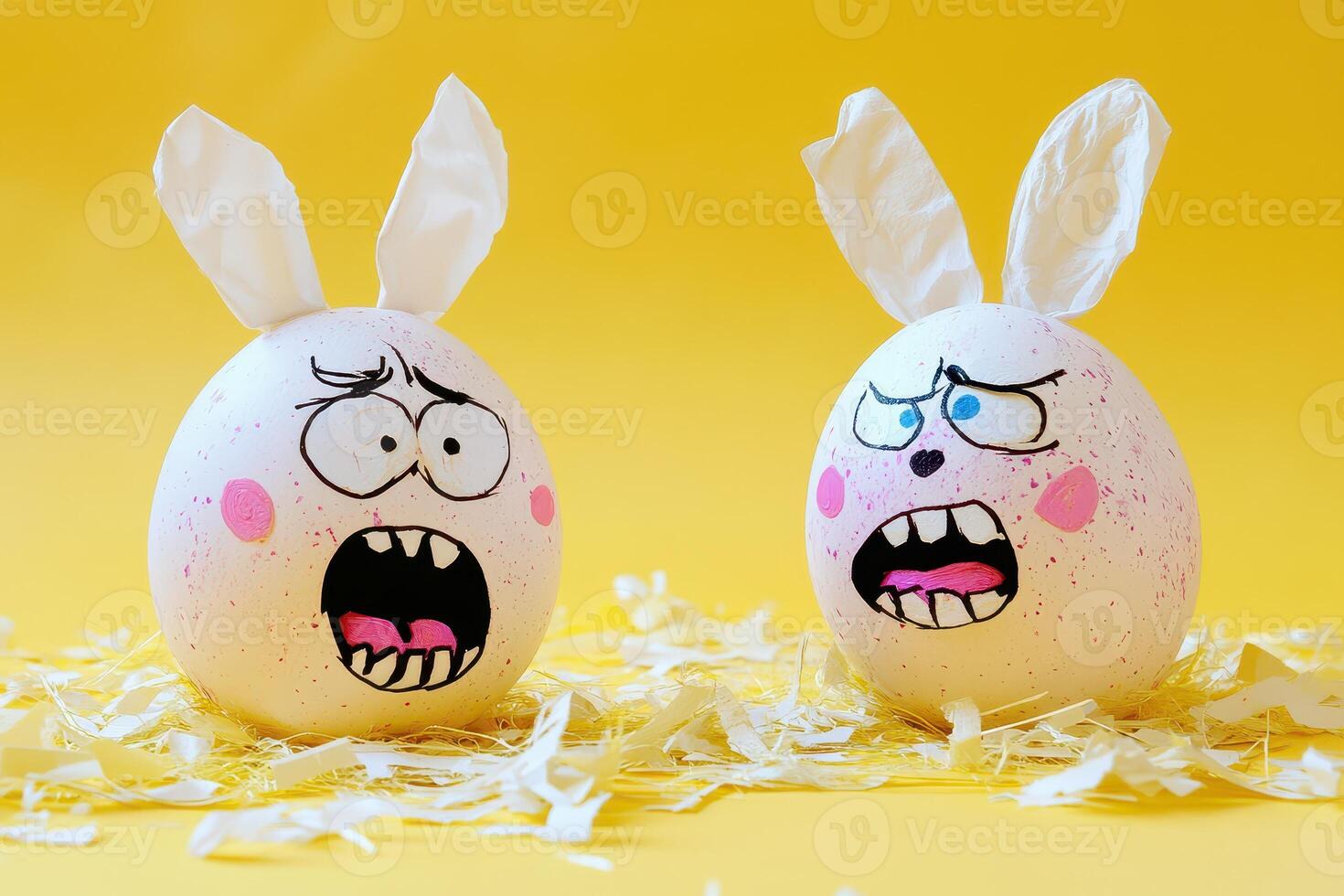 Two white eggs with bunny faces on them photo
