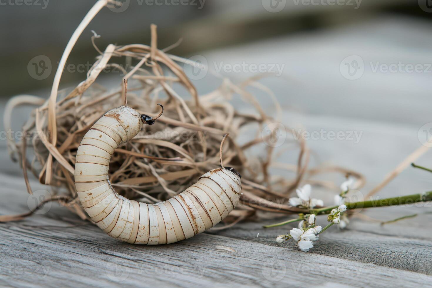 A worm sitting on top of a nest of twigs photo