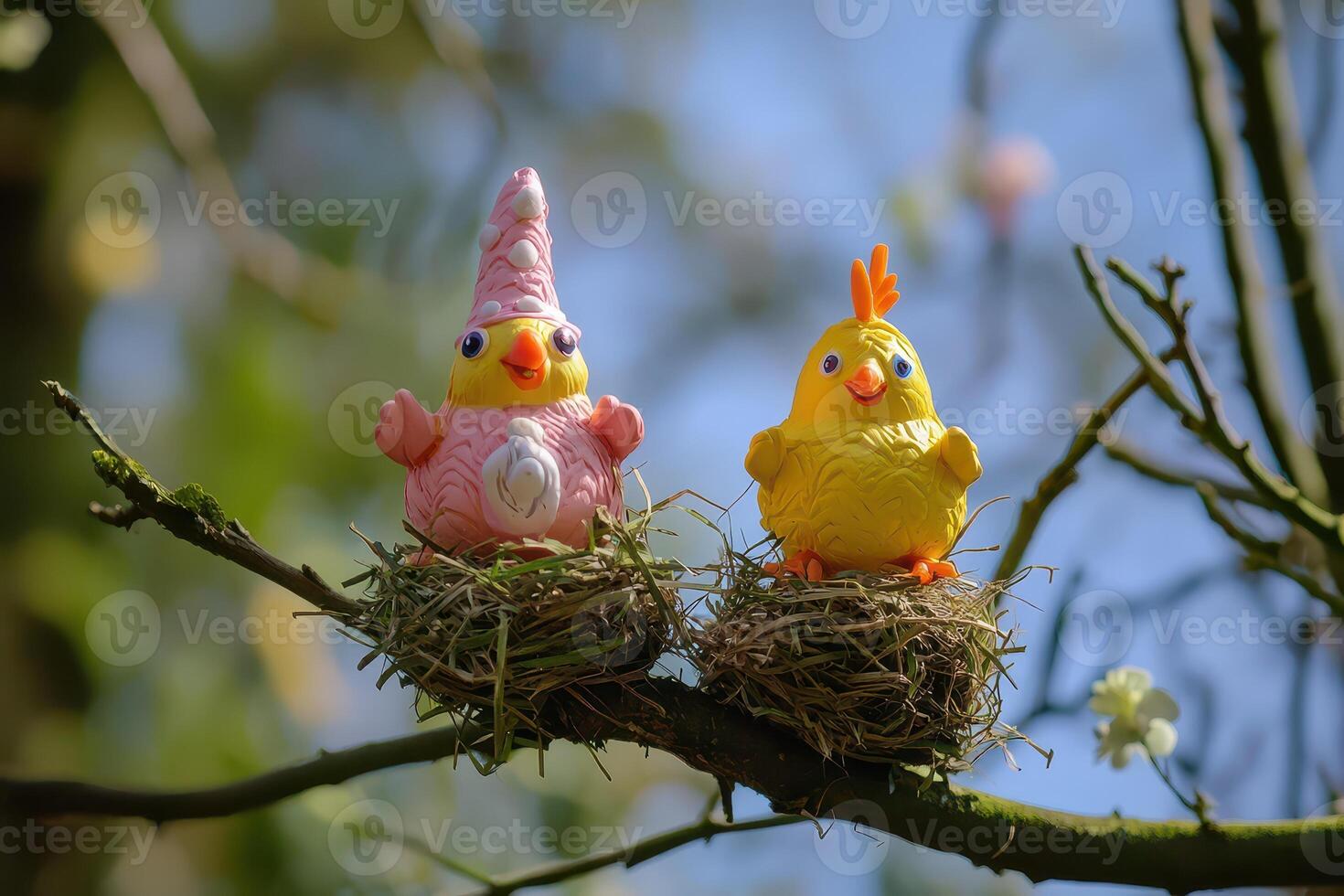 Two plastic birds sitting on top of a nest photo