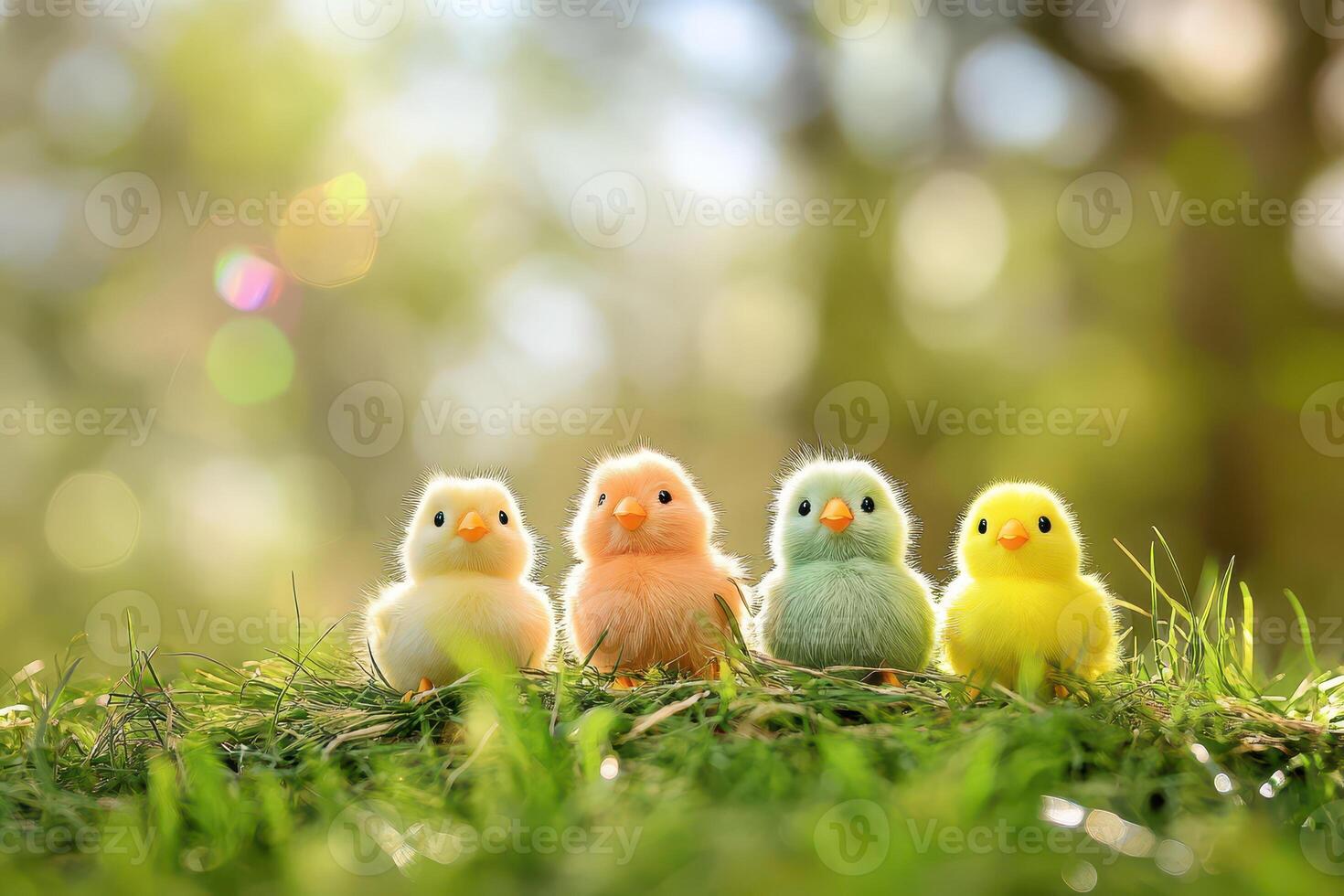 Four little chicks sitting on grass in the sun photo