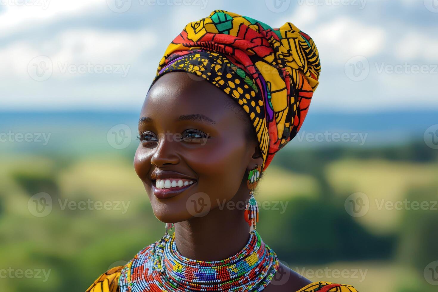 A beautiful woman in an african dress smiling photo