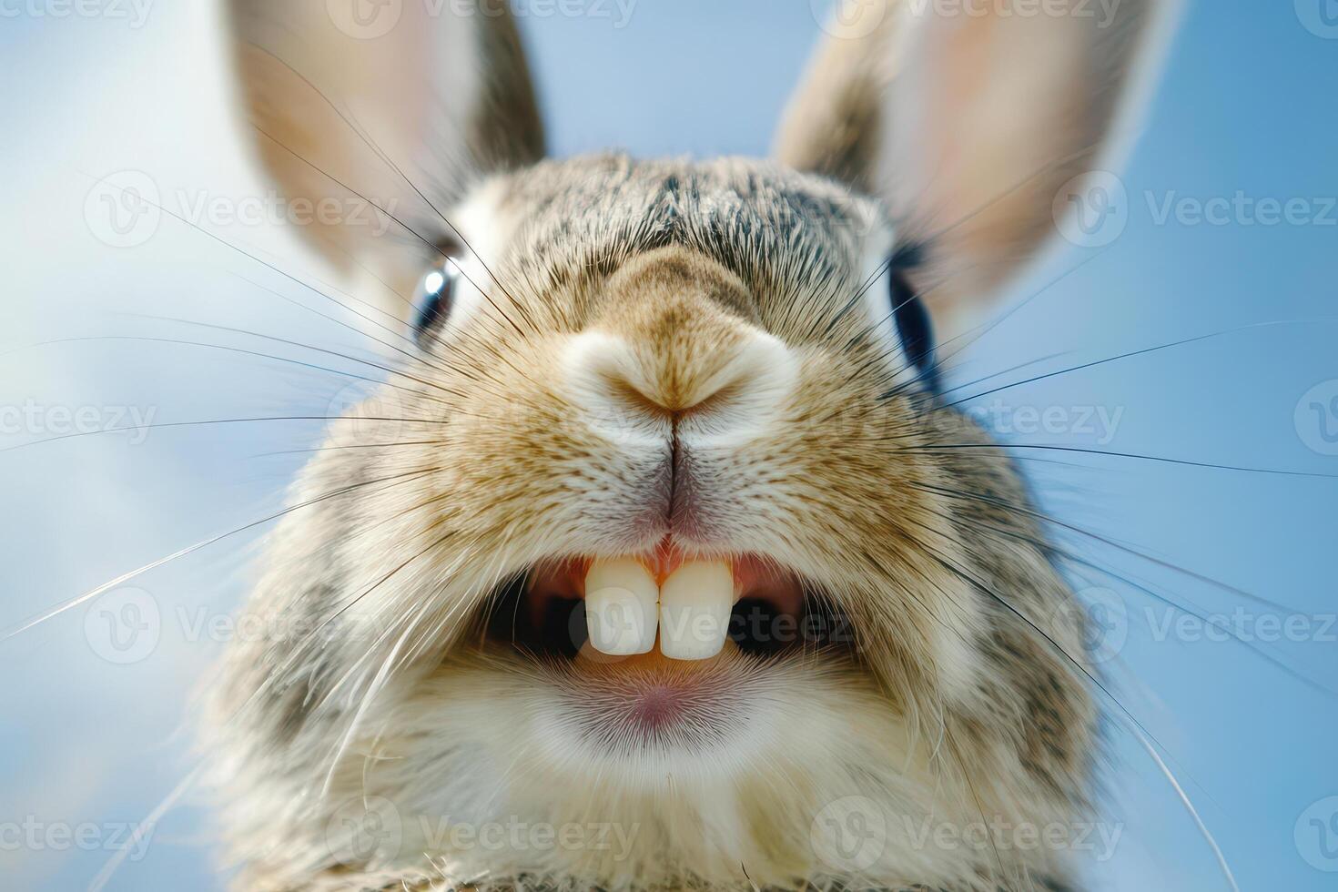 A close up of a rabbit with its mouth open photo