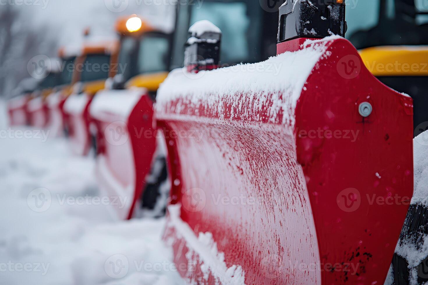 A row of snow plows lined up in the snow photo