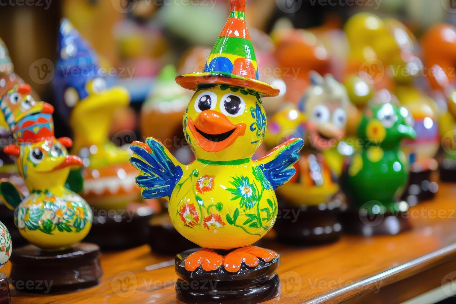 A collection of colorful figurines on a wooden table photo