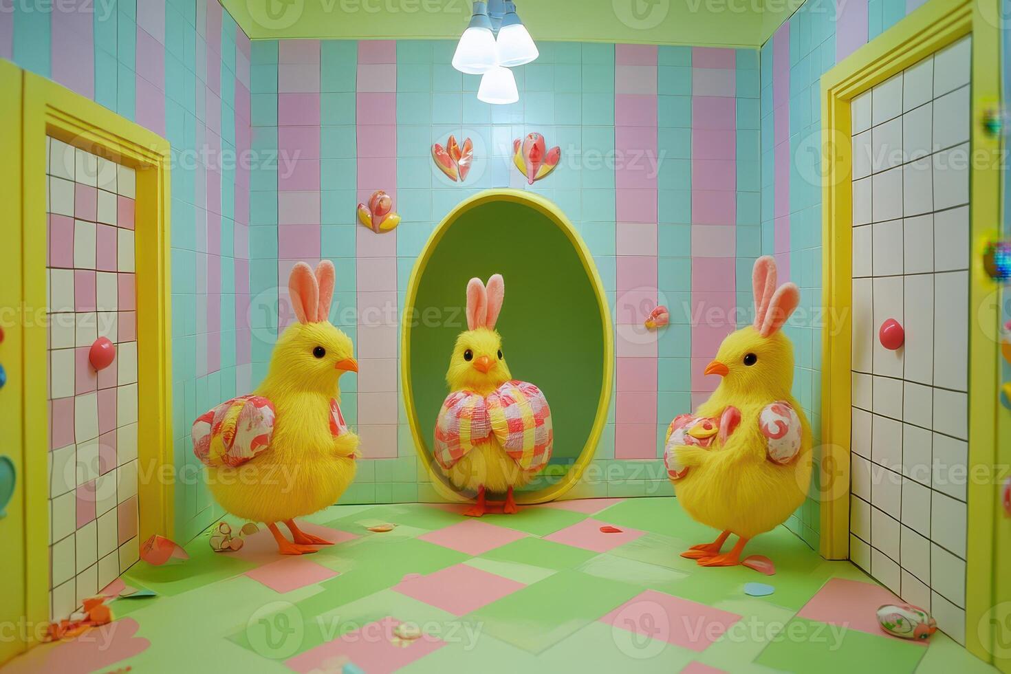 Three little yellow chicks in a room with a door photo