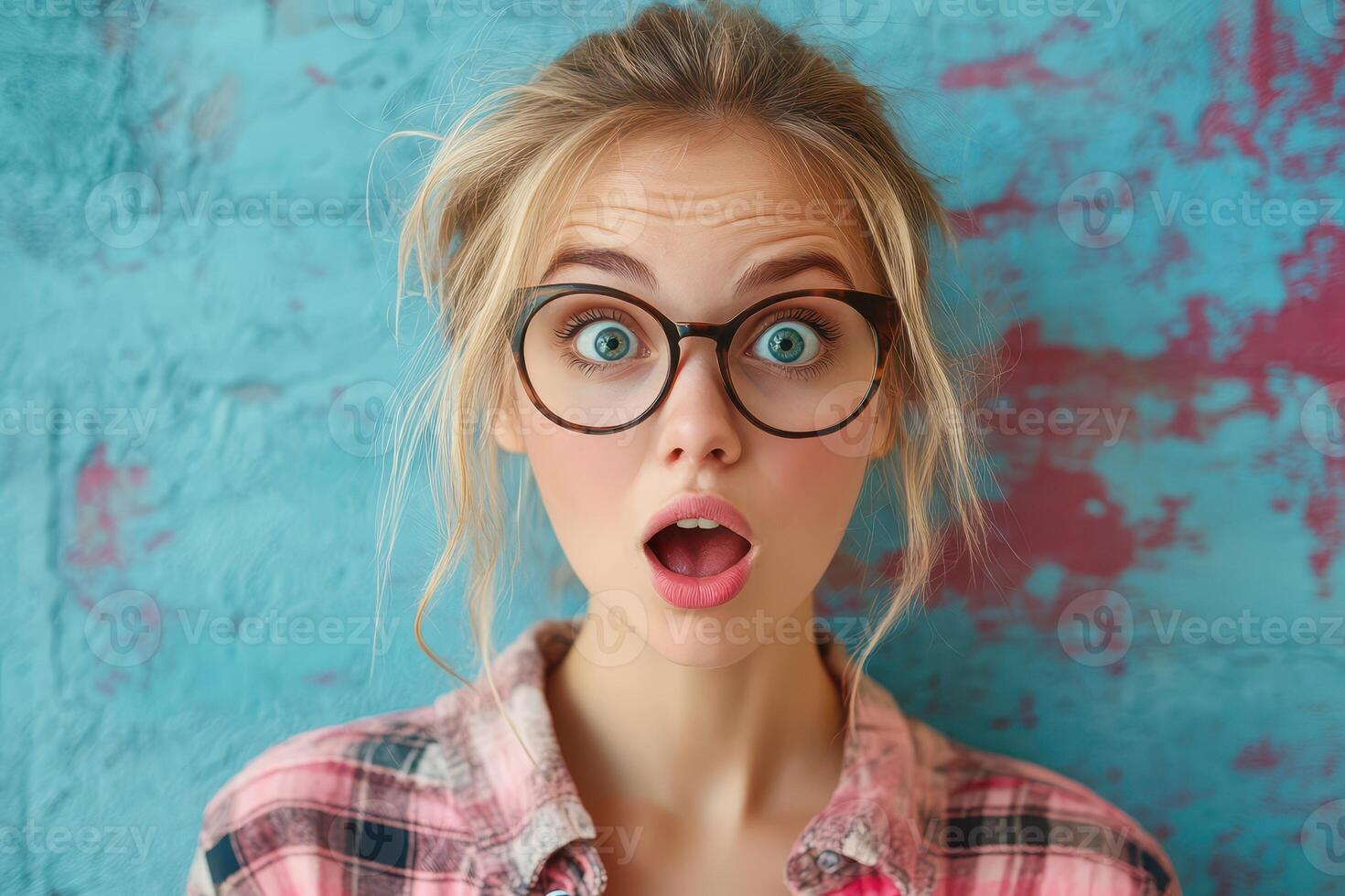 A woman with glasses on her face looking surprised photo