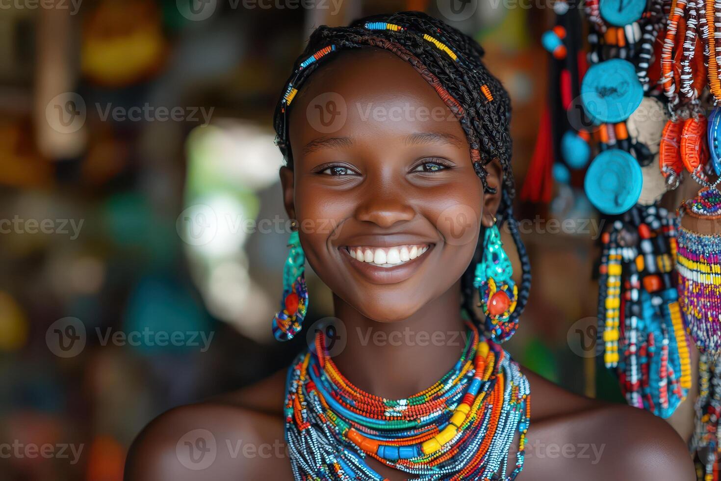 A smiling woman wearing colorful jewelry photo