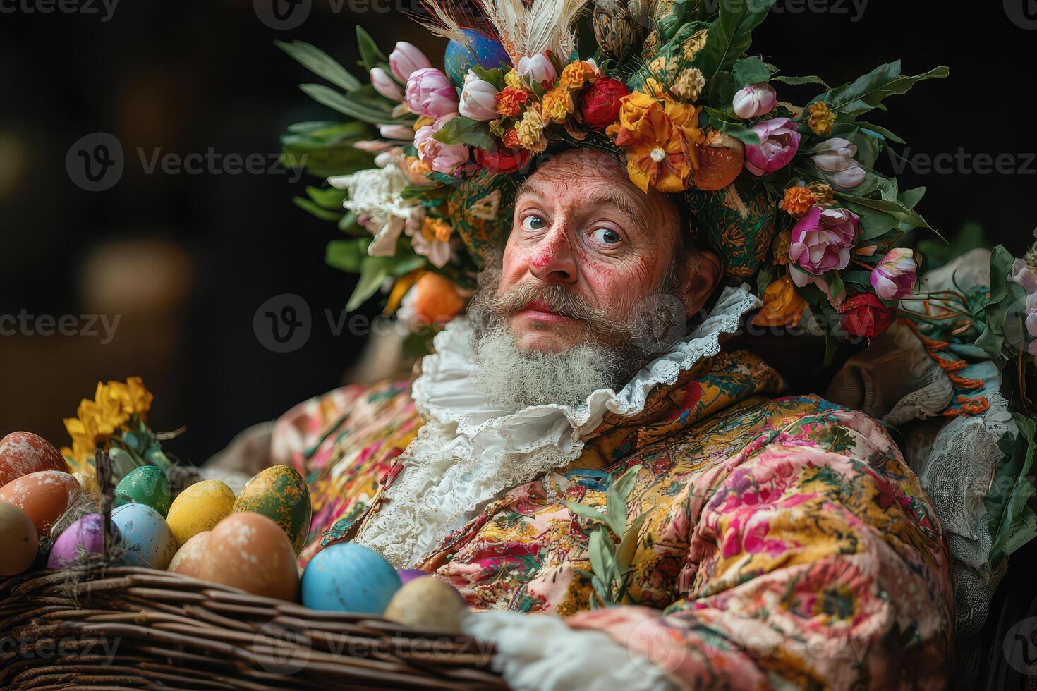 A man dressed in a costume with flowers in his hair photo