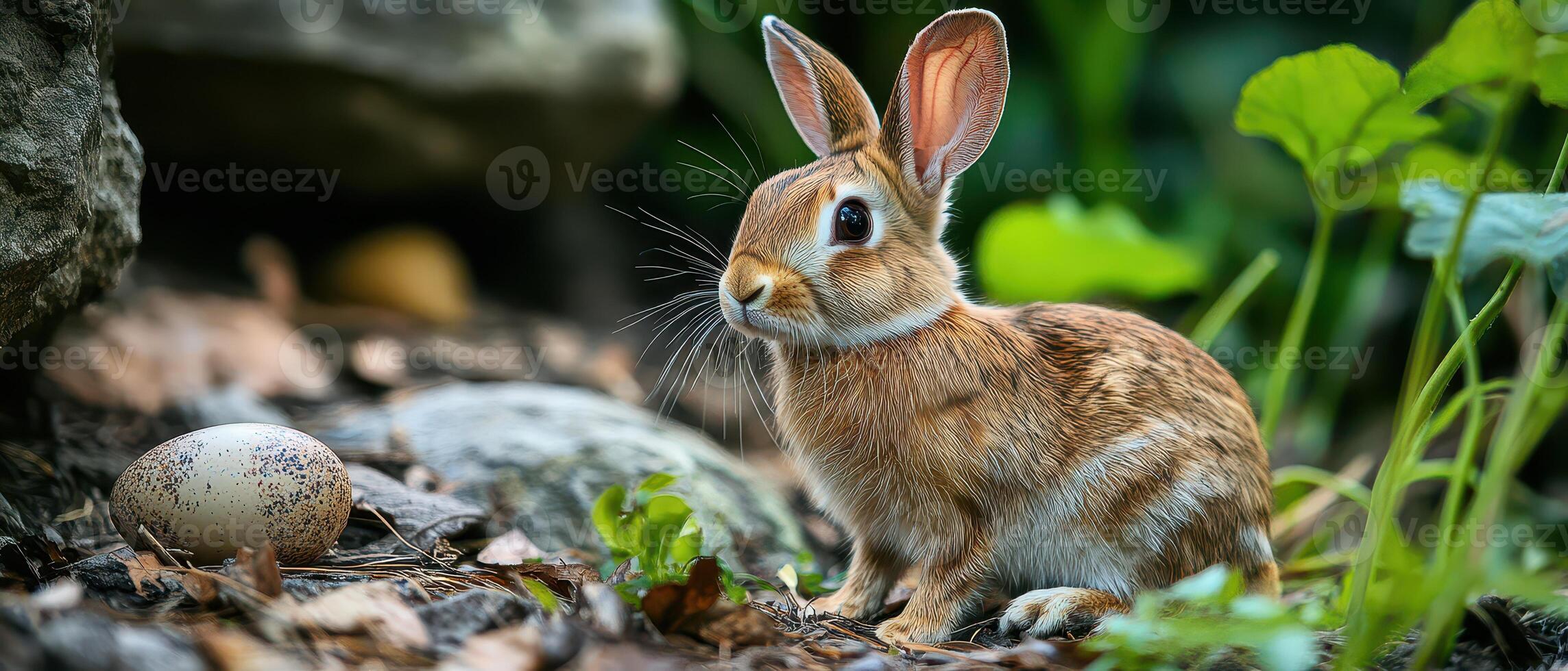 A rabbit is sitting on the ground near a rock photo