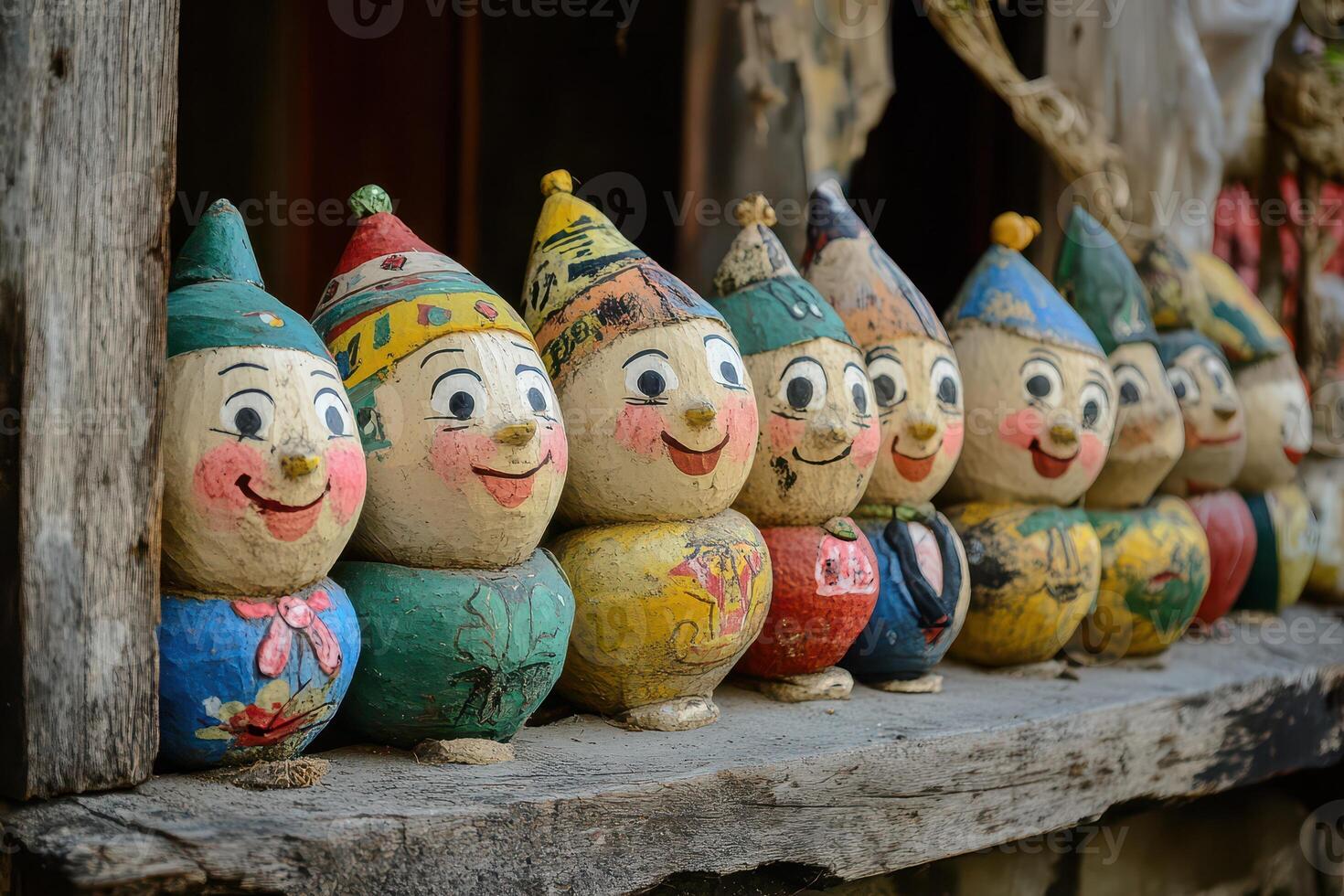 A row of colorful wooden dolls with faces painted on them photo