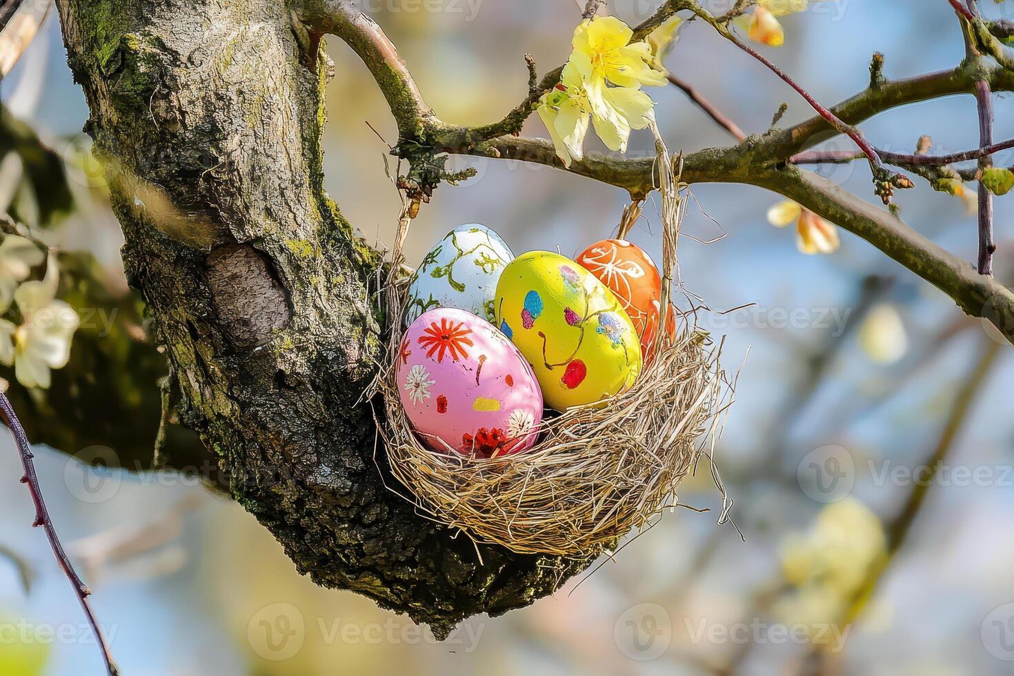 Easter eggs in a nest on a tree branch photo