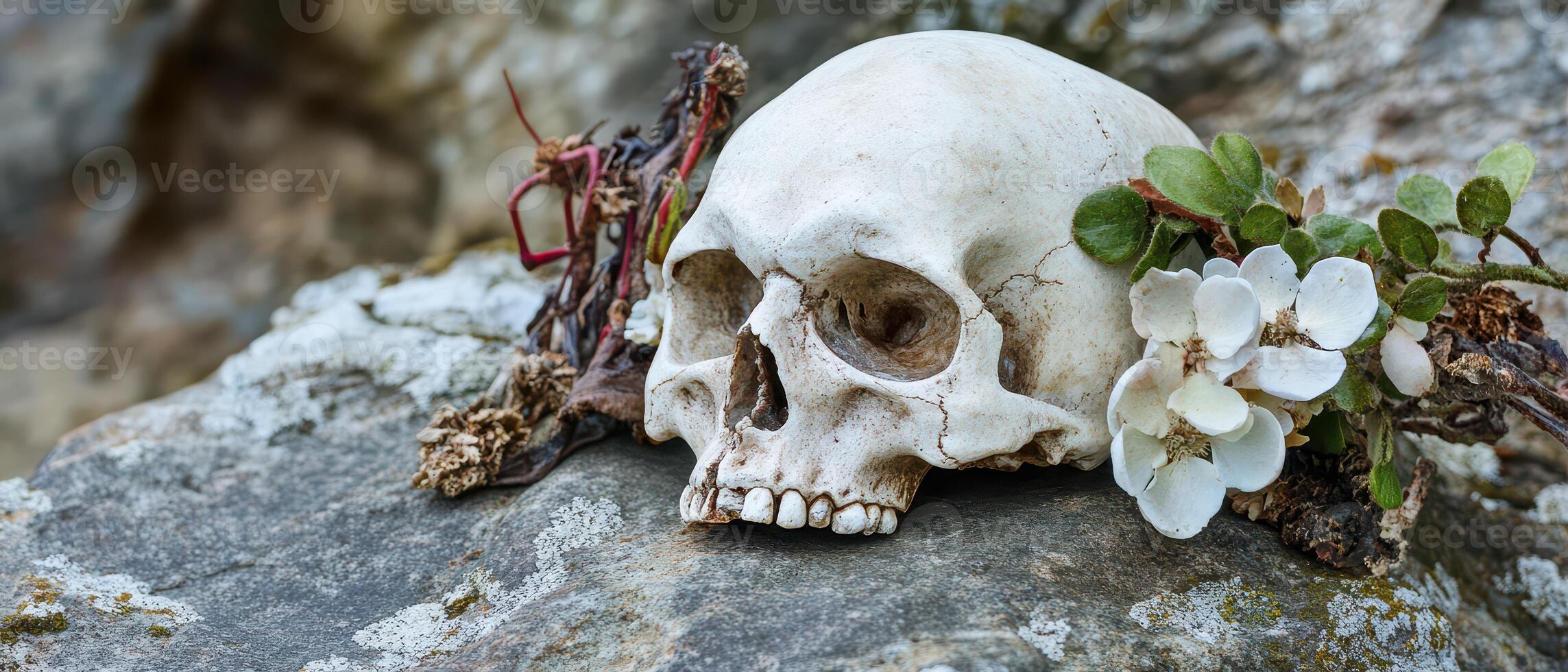 A skull with flowers on top of a rock photo