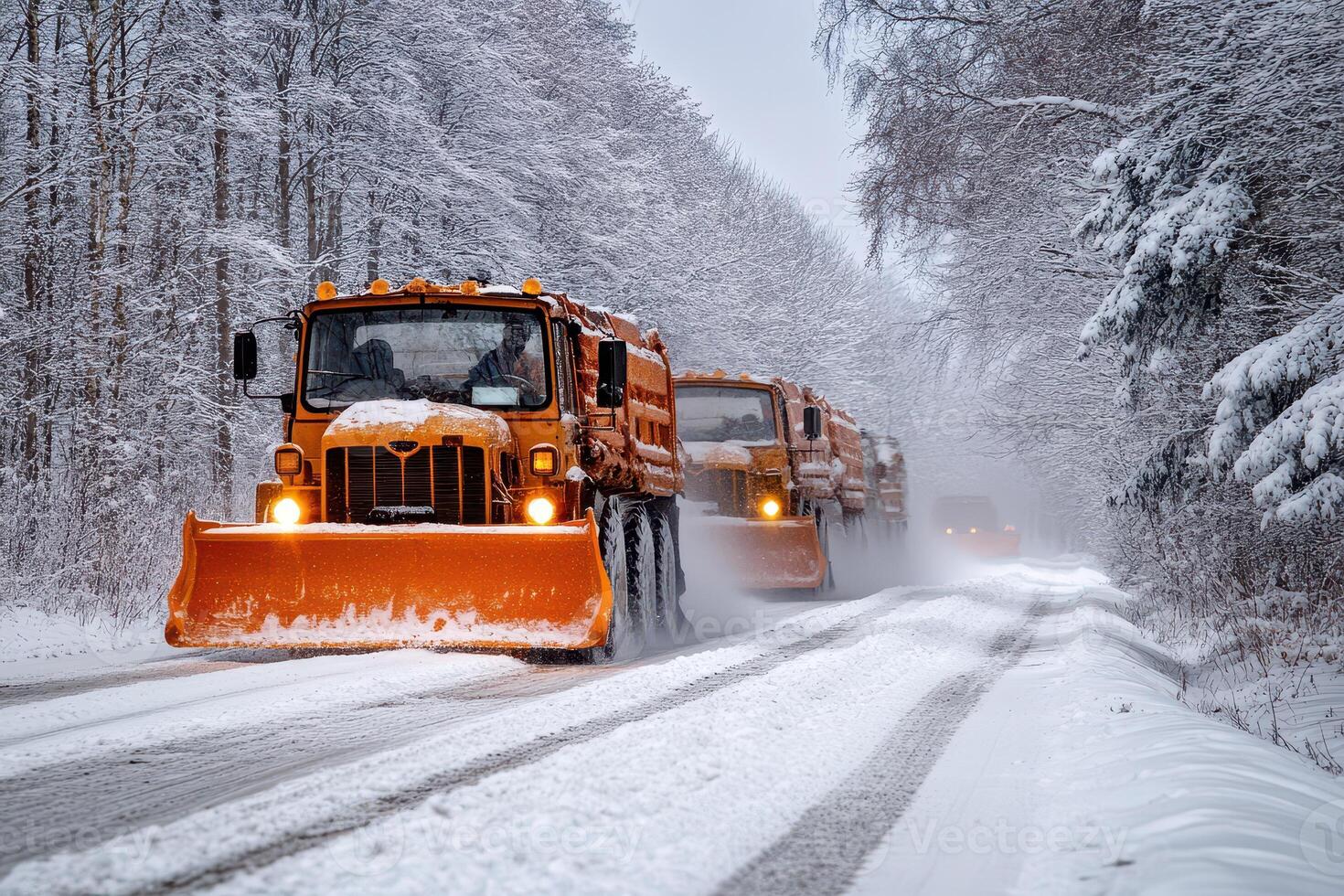 A snow plow driving down a snowy road photo