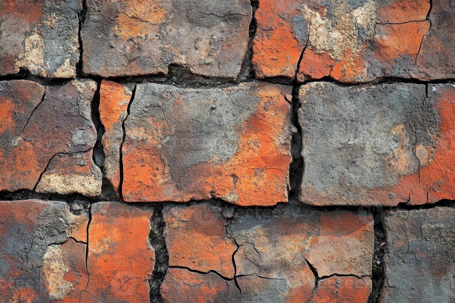 A close up of a brick wall with cracks photo